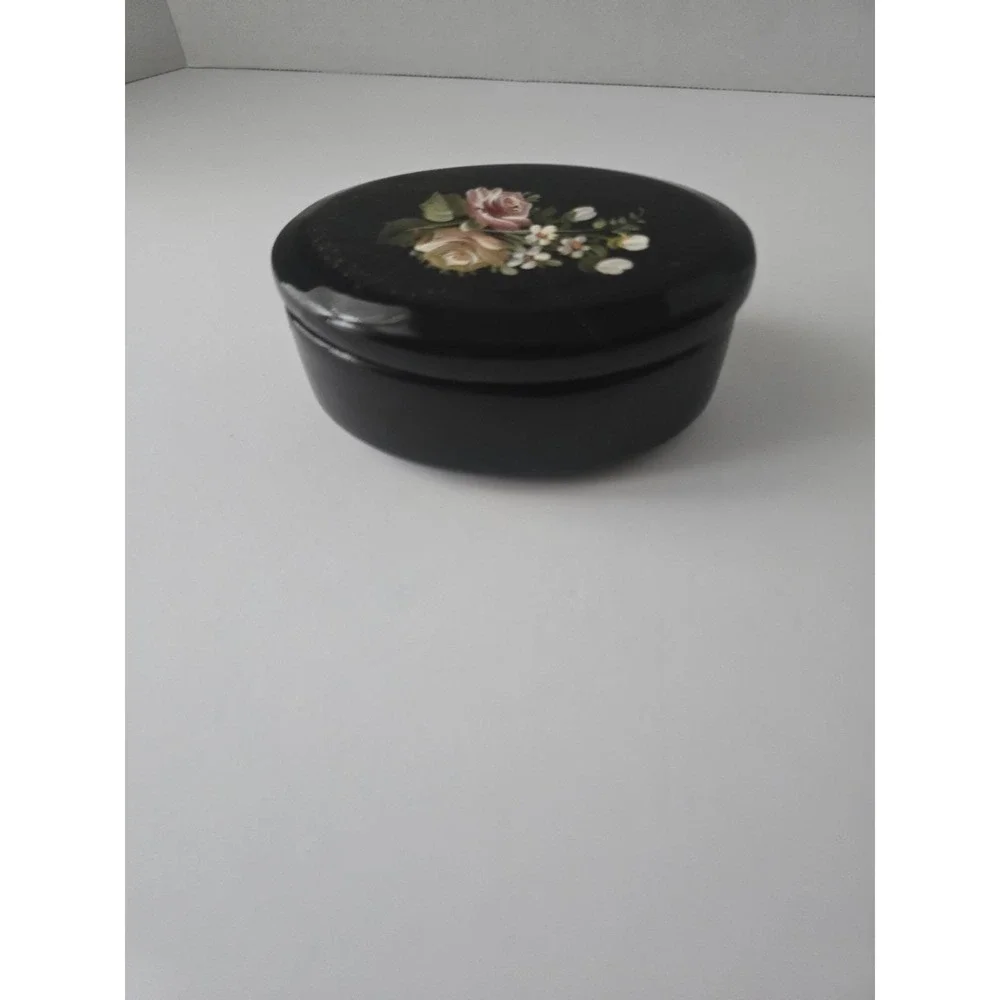 Vintage Portuguese Hand Painted Black Ceramic Floral Trinket Box